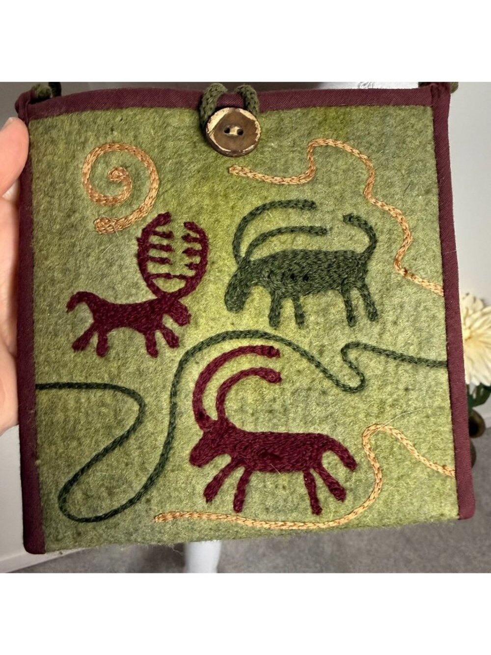Artisan Felted Boiled Wool Green Crossbody Bag Tumar Boho Art to Wear